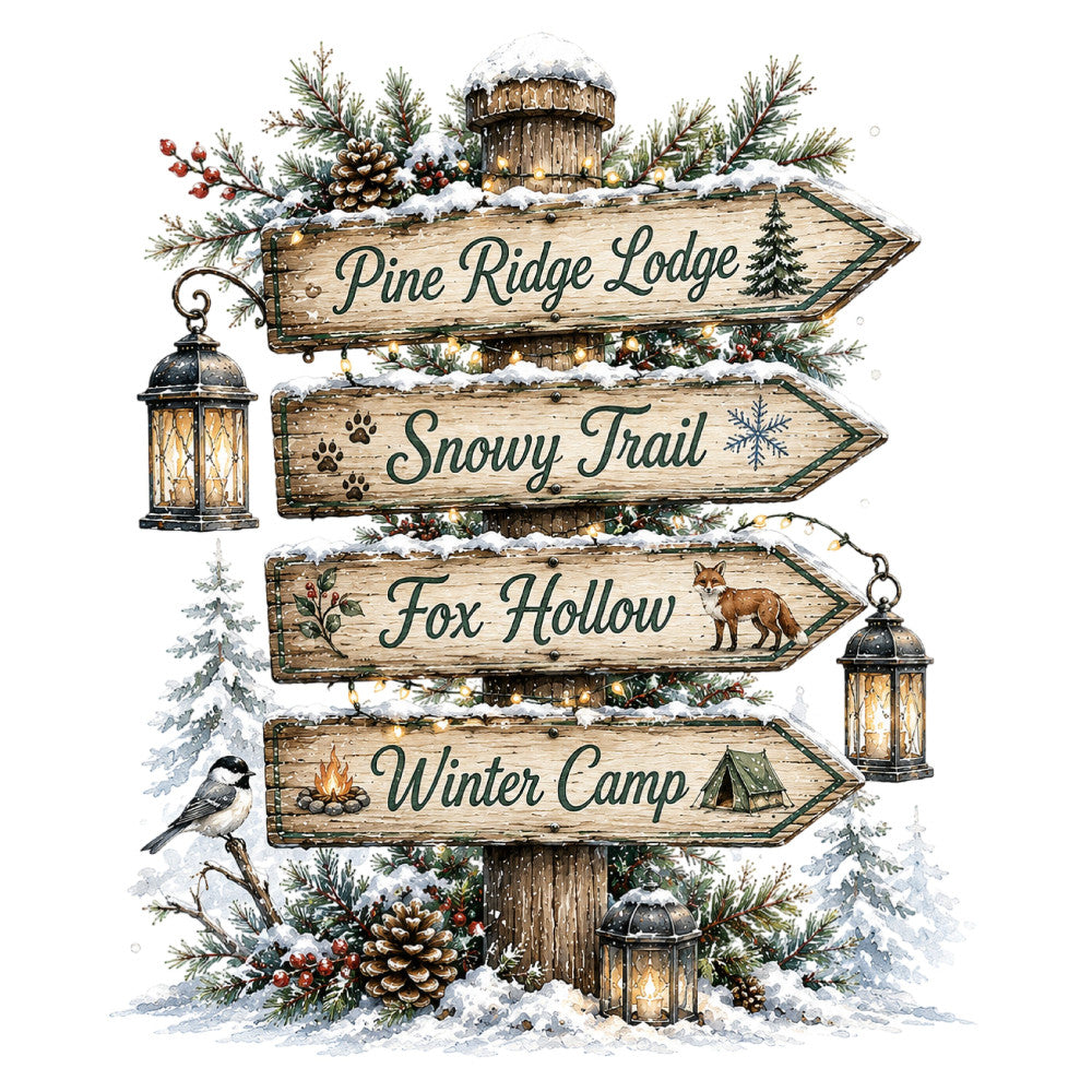 winter lodge, snow, pine trees, forest green, cream, brown, rustic, woodland, cabin, directional sign, animals, fox, birds, paw prints, holiday, christmas, winter, nature, vintage, farmhouse, lanterns, pinecones, evergreen, snowy, cozy, adventure, outdoor, trail, decorative panel, wall hanging