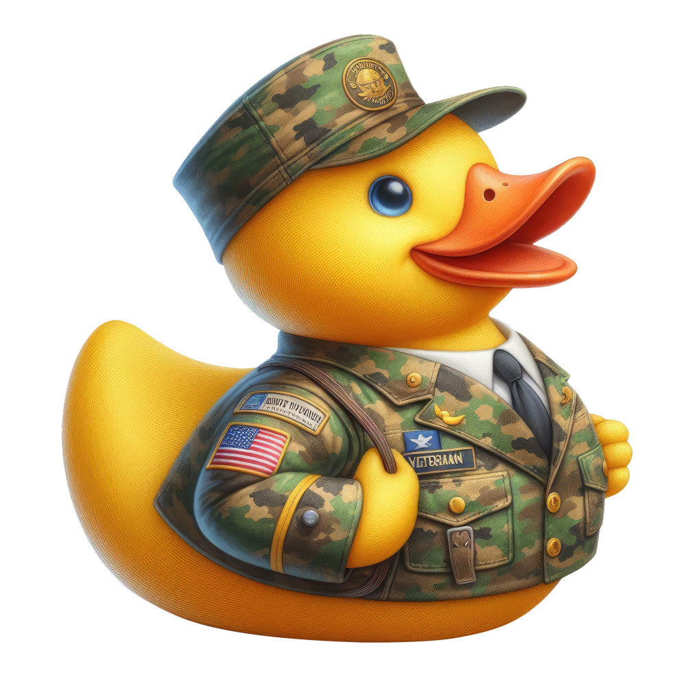 yellow duck, military, camouflage, camo pattern, army, soldier, veteran, patriotic, american flag, whimsical, novelty, cute animals, children's, kids, baby, yellow, orange, green, brown, tan, humorous, funny, character print, novelty print, themed fabric, military uniform, service, heroic, playful, cartoon style