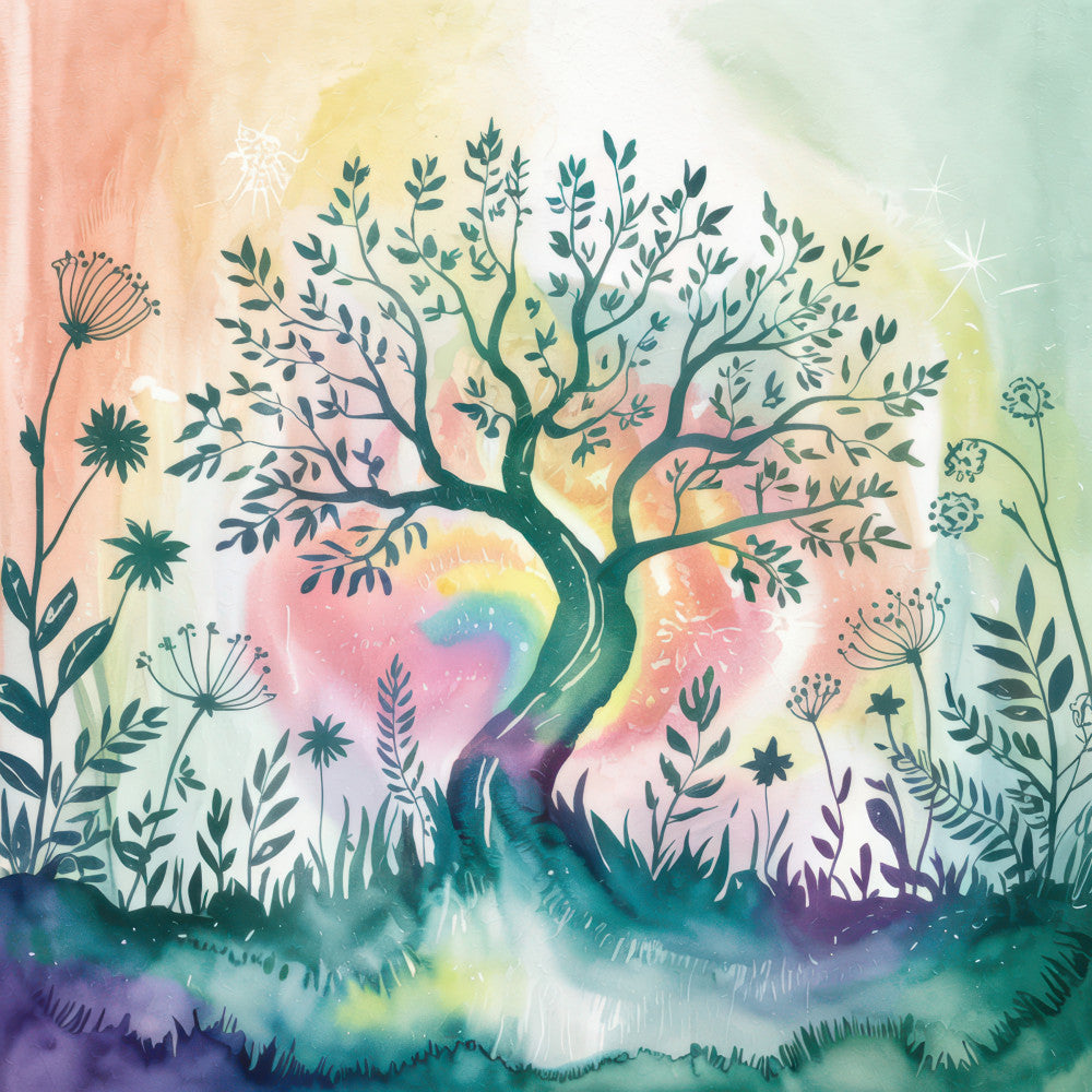 watercolor tree, rainbow background, botanical silhouettes, nature scene, whimsical wildflowers, pastel colors, teal trunk, pink hues, yellow tones, green foliage, purple accents, fabric panel, quilting cotton, dreamy atmosphere, enchanted forest, dandelion stems, leafy branches, artistic illustration, soft gradients, magical woodland