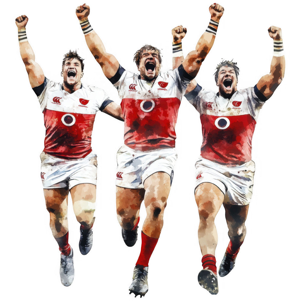 rugby, sports, team jersey, red and white, cream, athletic wear, male athletes, celebration, victory, competitive sports, action sports, team spirit, english rugby, international teams, modern, dynamic, muscular figures, strength, teamwork, printed panel, fan apparel, sports merchandise, bold graphics, energetic, motivational, championship, triumph, patriotic themes