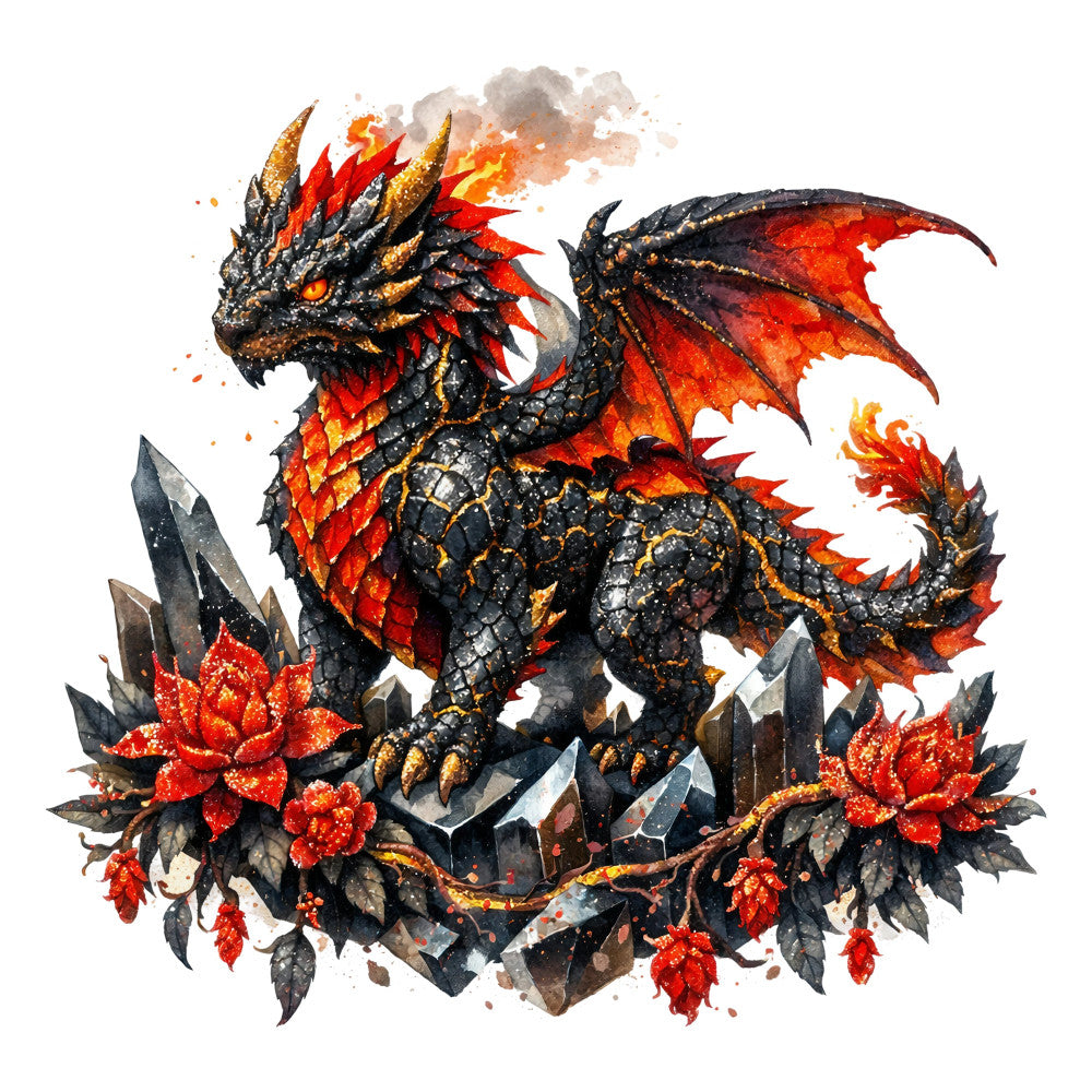 fire dragon, black and gold, red and orange, flame orange, golden yellow, charcoal gray, dark red, fantasy dragon, mythical creature, dragon wings, spiky scales, ornate, elegant, whimsical, fantasy art, magical, fire and flame, decorative flowers, floral elements, autumn colors, fall theme, dramatic, bold, statement piece, game of thrones style, medieval fantasy, nature and animals, fiery red, metallic accents, dark fantasy