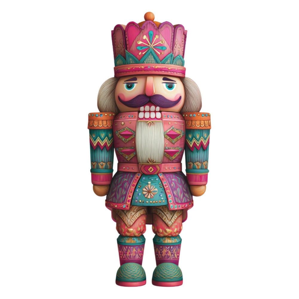 nutcracker, holiday, christmas, whimsical, toy soldier, magenta, teal, coral, cream, gold, geometric patterns, ornamental, decorative, traditional, festive, beaded details, embellished, folk art, vintage toy, winter, novelty print, dimensional, colorful, jewel tones, ethnic inspired, retro, playful, wall hanging, home decor