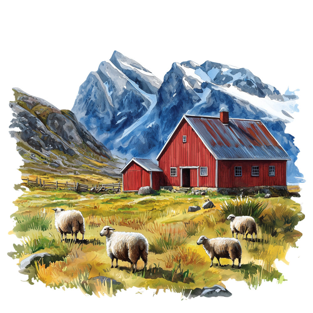red barns, snow-capped mountains, white sheep, pastoral scene, nordic landscape, watercolor style, fabric panel, quilting cotton, blue mountains, green meadow, golden grass, rustic buildings, farm animals, scandinavian design, countryside vista, mountain valley, grazing sheep, rural architecture, nature scene, outdoor landscape