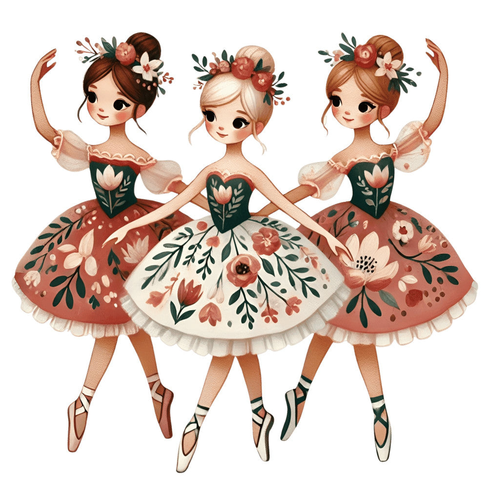 ballet dancers, ballerina, floral, flowers, roses, botanical, coral pink, dusty rose, cream, forest green, dark green, whimsical, vintage, elegant, feminine, spring, summer, romantic, storybook, illustration, children's, sweet, graceful, nature, leaves, foliage, appliqué style, decorative panel, girl's quilt, nursery
