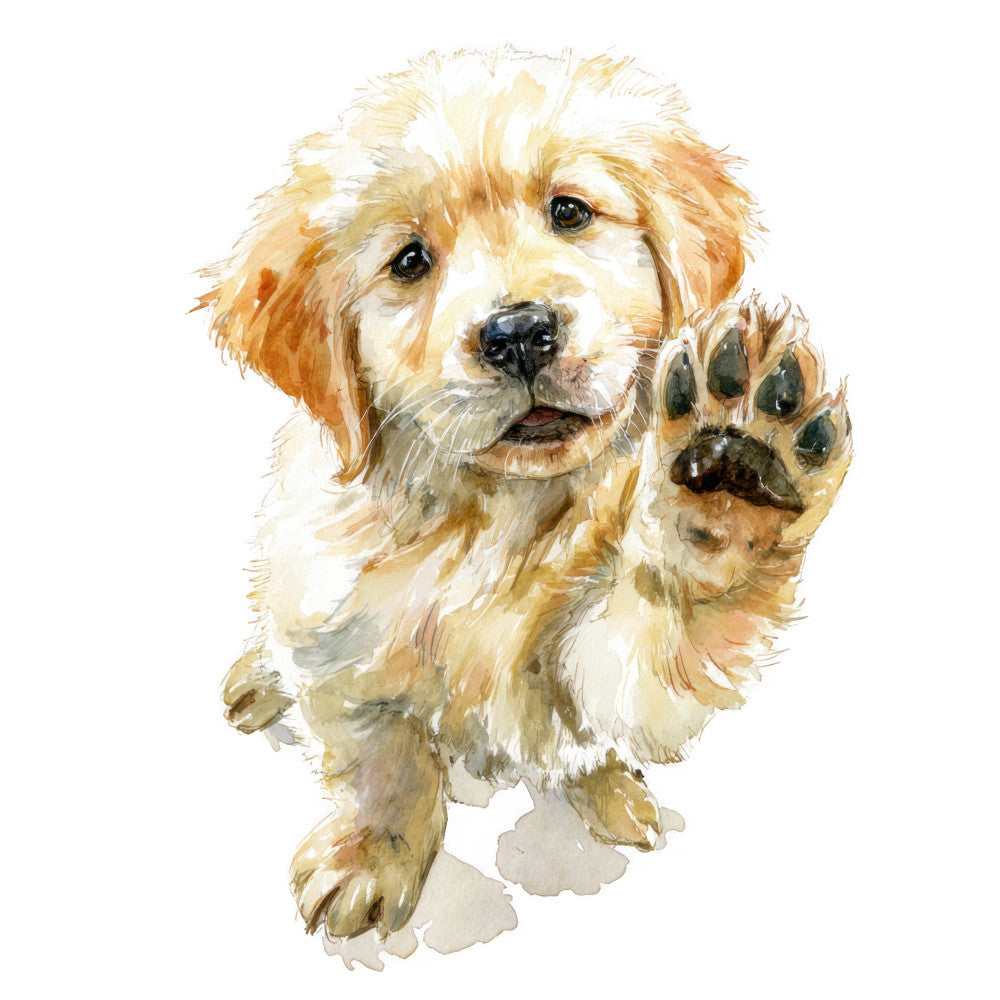 golden retriever, cream white, tan, golden yellow, orange, warm tones, dog portrait, pet illustration, animal lovers, watercolor style, dog breed, spaniel, friendly expression, paw print, whimsical, gentle, realistic, detailed illustration, nursery, children's quilt, pet themed, dog lovers, companion animals, playful, charming, artwork style, portrait panel, single subject focus