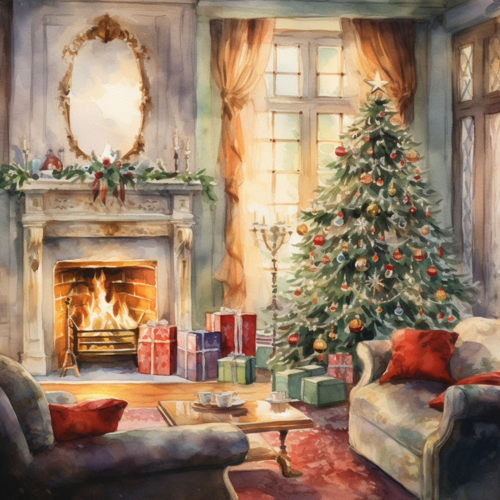 christmas tree, fireplace, presents, gift boxes, warm orange, golden yellow, forest green, red ornaments, cozy interior, living room scene, holiday decorations, garland, mantelpiece, armchairs, fabric panel, quilting cotton, festive scene, winter holiday, watercolor style, christmas morning