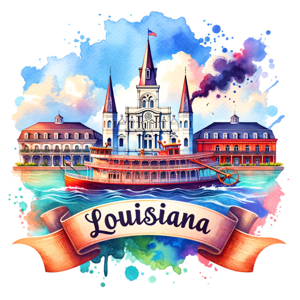 US States Retro Travel Fabric Panel 1 featuring vibrant Louisiana landmarks and a steamboat in premium quilting cotton print.