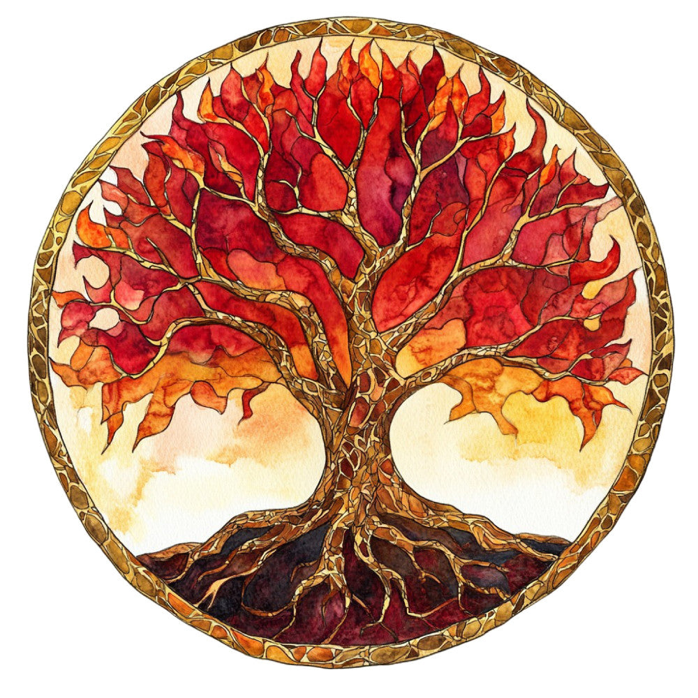 autumn tree, fall foliage, tree of life, red leaves, orange leaves, golden yellow, burnt orange, deep red, wine burgundy, nature themed, woodland, seasonal, fall colors, harvest theme, circular design, tree branches, roots, elegant style, traditional pattern, rustic aesthetic, autumn aesthetic, warm tones, watercolor style, decorative border, wall hanging, home decor, thanksgiving theme, autumn harvest