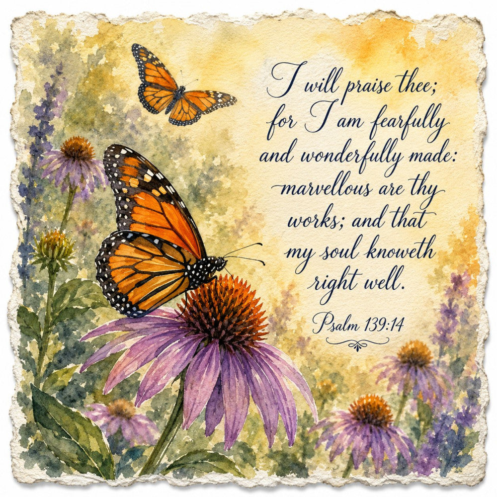 monarch butterflies, purple coneflowers, orange butterflies, scripture quote, psalm 139:14, inspirational text, floral design, nature themed, butterfly motif, garden flowers, purple petals, orange wings, watercolor style, vintage aesthetic, spiritual message, faith based, botanical illustration, wildflower garden, spring theme, summer garden, elegant script, religious verse, encouragement quote, soft watercolor, cream background, lavender purple, golden yellow, natural beauty, transformation theme