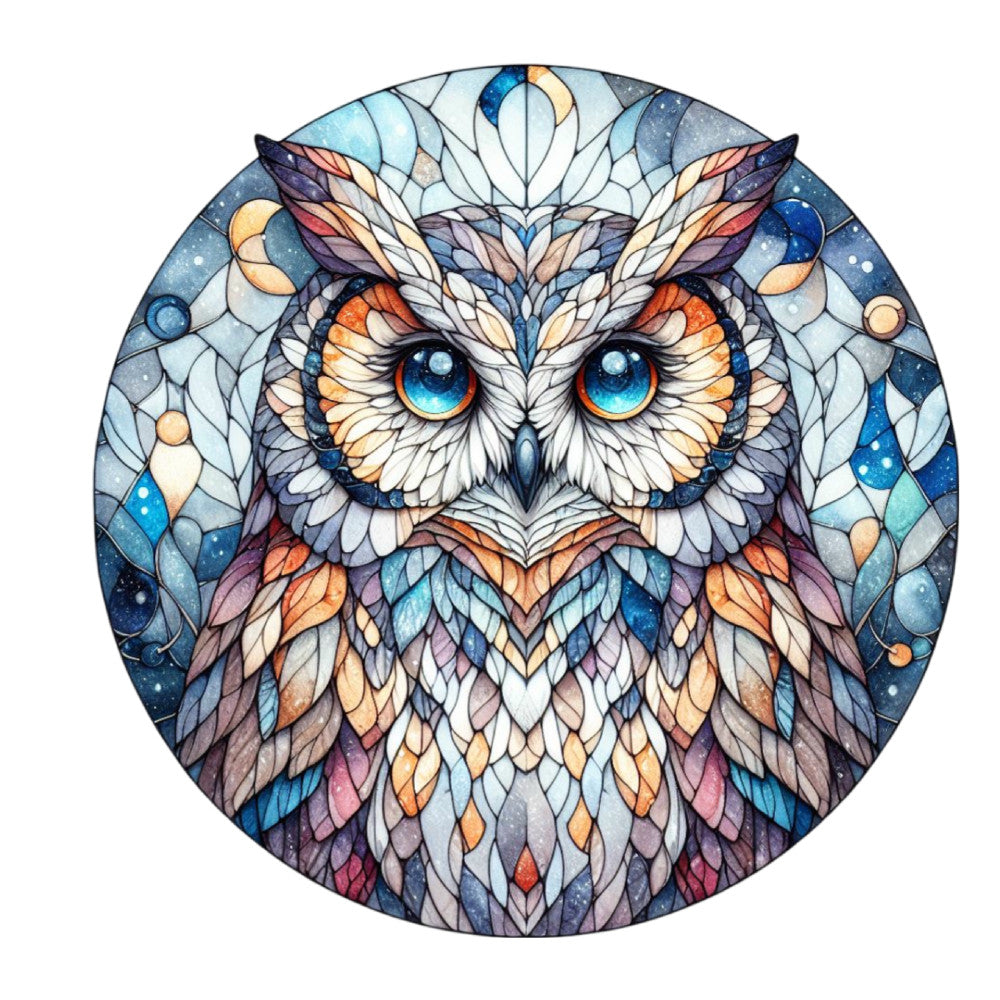stained glass, owl, fabric panel, blue eyes, geometric patterns, mandala design, celestial theme, mosaic style, intricate feathers, circular design, turquoise, navy blue, orange accents, purple hues, cream white, symmetrical pattern, decorative art, ornate details, quilting fabric, artistic owl
