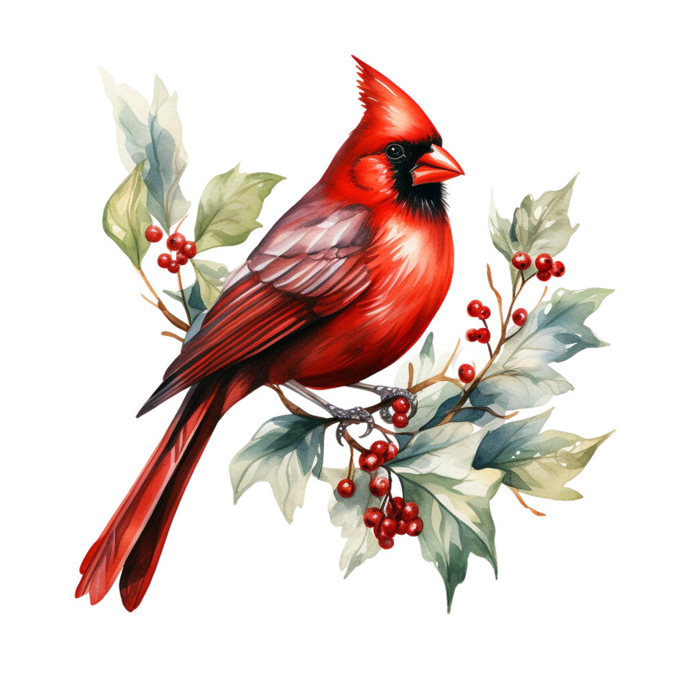 red cardinal, watercolor style, bird illustration, holly berries, green leaves, crimson red, black markings, nature motif, botanical elements, winter theme, fabric panel, quilting cotton, songbird design, berry branches, festive colors, realistic bird, perched cardinal, holiday fabric, christmas motif, wildlife art