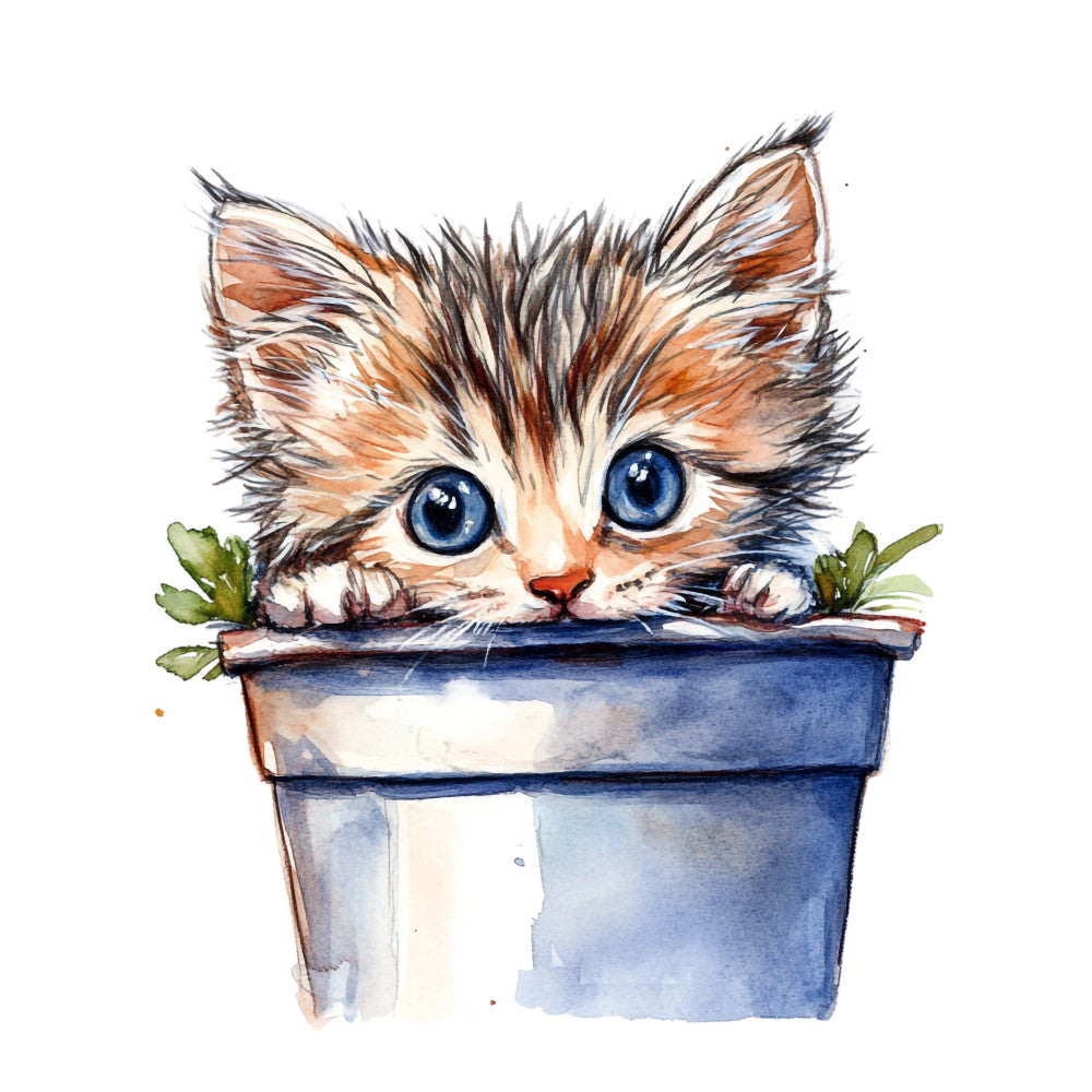 cat, kitten, tabby cat, blue eyes, potted plant, succulent, whimsical, cute animals, orange, white, navy blue, terracotta, green, watercolor, illustration, botanical, playful, modern, pet lover, children's, baby nursery, decorative panel, cat lover, nature inspired, adorable, artistic, hand painted style