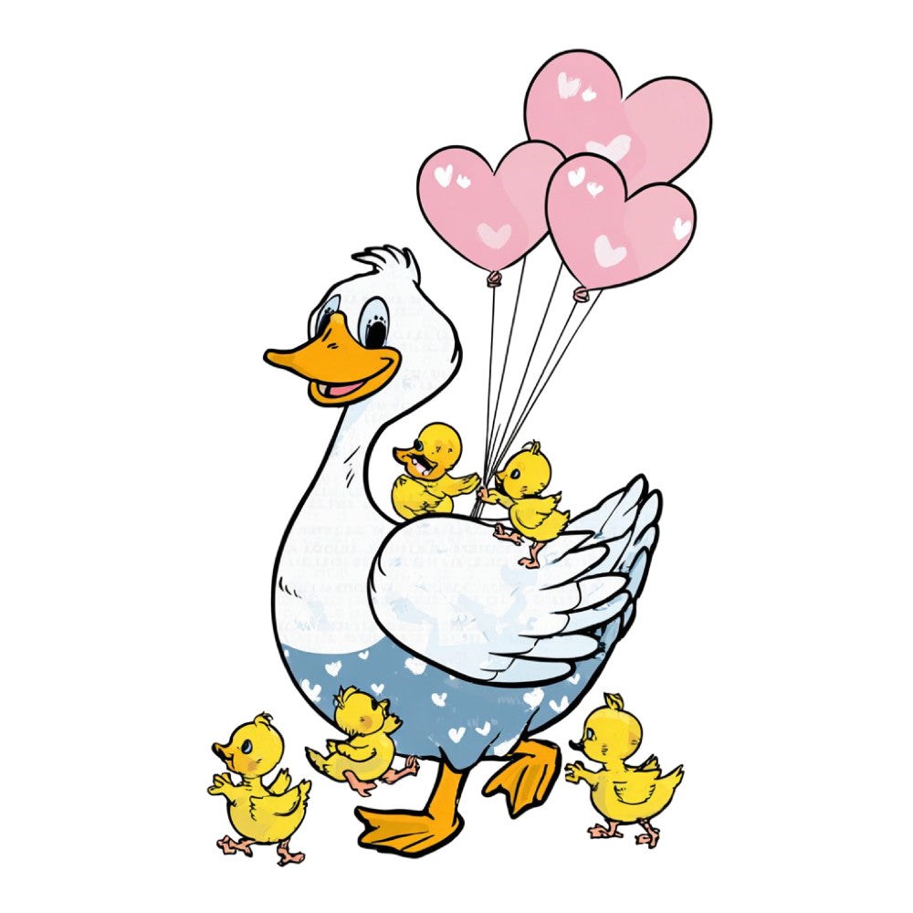 white duck, yellow ducklings, pink heart balloons, mother and baby, farmhouse, whimsical, nursery, baby animals, spring, summer, sweet, cheerful, bright yellow, soft pink, blue, heart pattern, animal theme, children's, playful, gentle, cute, baby quilt, wall hanging, decorative panel, countryside, pastoral, loving, tender, joy