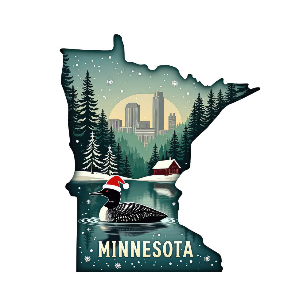Christmas US States Fabric Panel 28 featuring Minnesota shape with festive loon, snowy trees, city skyline, and cabin in quilting cotton design.
