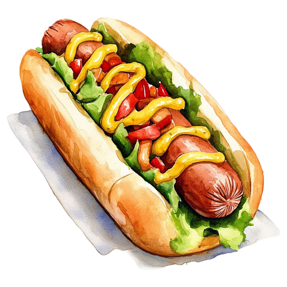 hot dog, mustard yellow, red peppers, lettuce green, bread tan, food print, food themed, hot dogs, culinary, kitchen, diner, retro, vintage, novelty, whimsical, casual, summer, picnic, barbecue, cookout, americana, fun, playful, comfort food, restaurant theme, diner style, apparel, home decor, novelty print