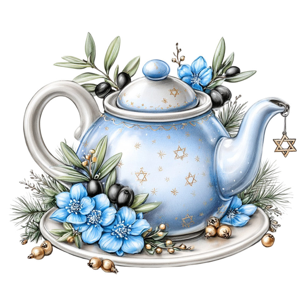 light blue, pale blue, white, cream, gold, bronze, black olives, sky blue, cornflower blue, floral, stars, celestial, teapot, botanical, nature, elegant, whimsical, vintage, traditional, jewish, hanukkah, star of david, olives, berries, blue flowers, delicate flowers, ornamental, decorative, holiday, festive