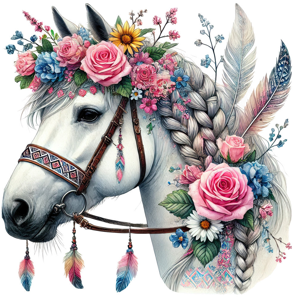 boho horse, floral crown, pink roses, blue flowers, feathers, braided mane, white horse, fabric panel, quilting cotton, watercolor style, bohemian design, equestrian art, pastel colors, decorative bridle, wildflowers, artistic illustration, soft pastels, horse portrait, floral wreath, nature motifs
