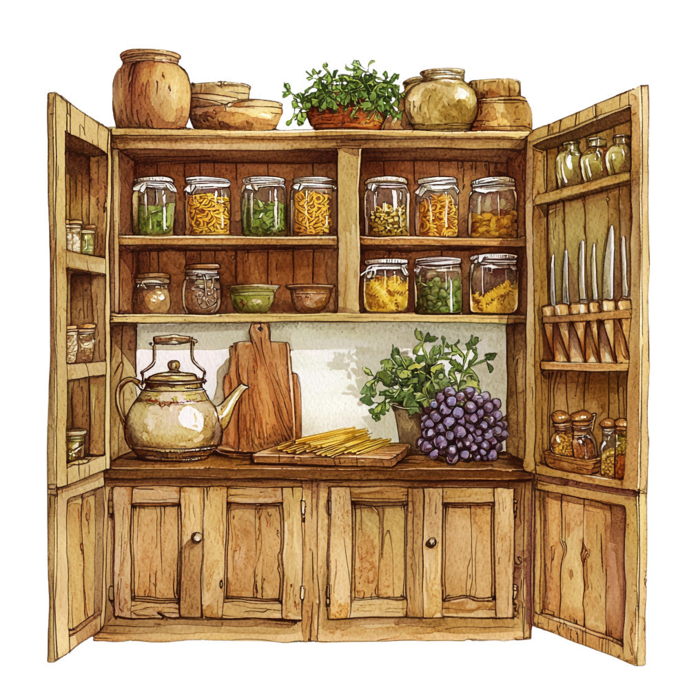 rustic kitchen, wooden cabinet, pantry shelves, glass jars, ceramic bowls, earthenware pottery, herbs plants, grapes cluster, cutting boards, teapot, kitchen knives, storage containers, warm browns, golden yellows, sage green, country style, vintage kitchen, fabric panel, quilting cotton, farmhouse theme