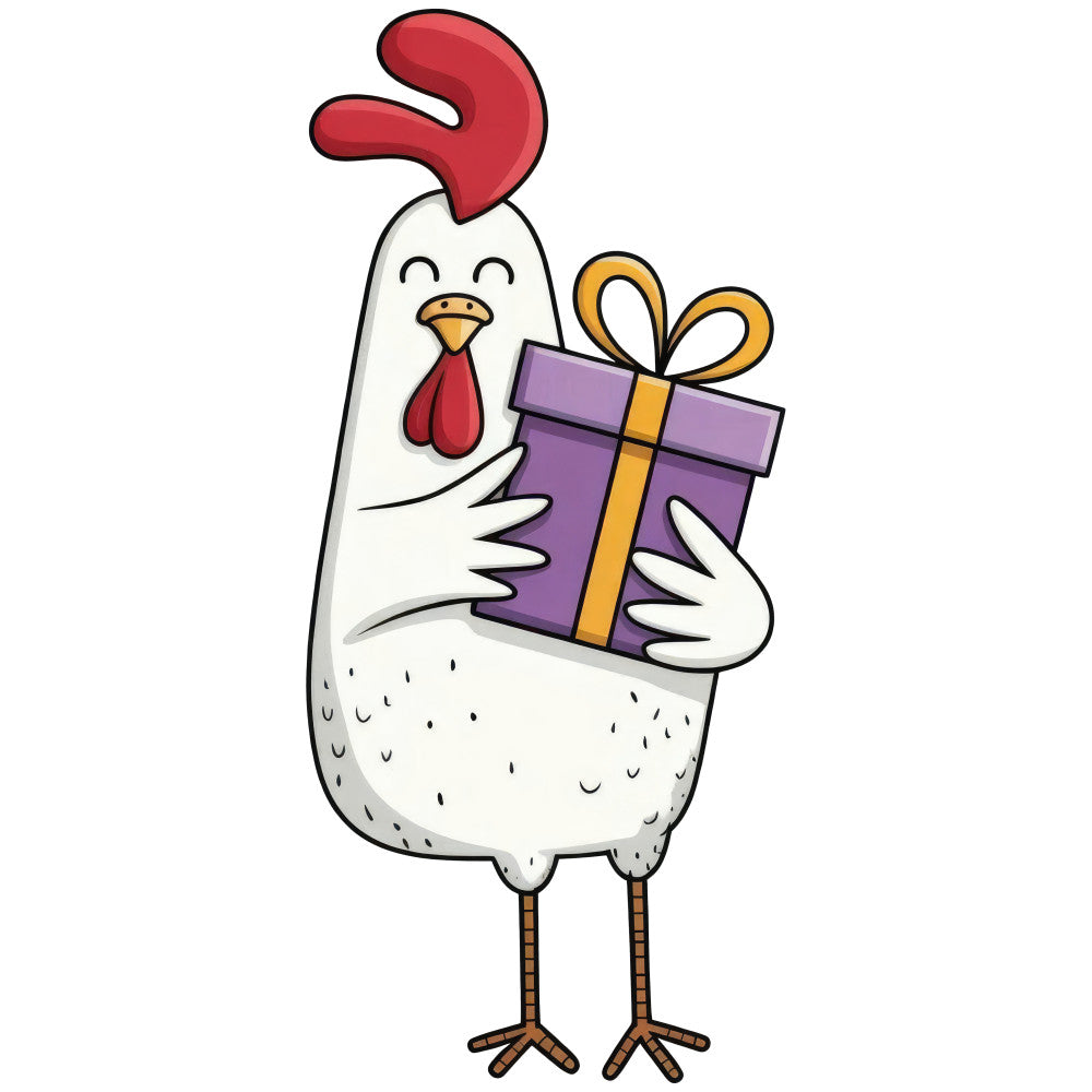 chicken, rooster, farm animals, farmhouse, whimsical, cute, gift giving, present, purple, red, cream white, gold, cheerful, happy, spring, easter, country style, folk art, illustration, children's, playful, bird motif, festive, home decor, decorative, animal lovers, cottage core