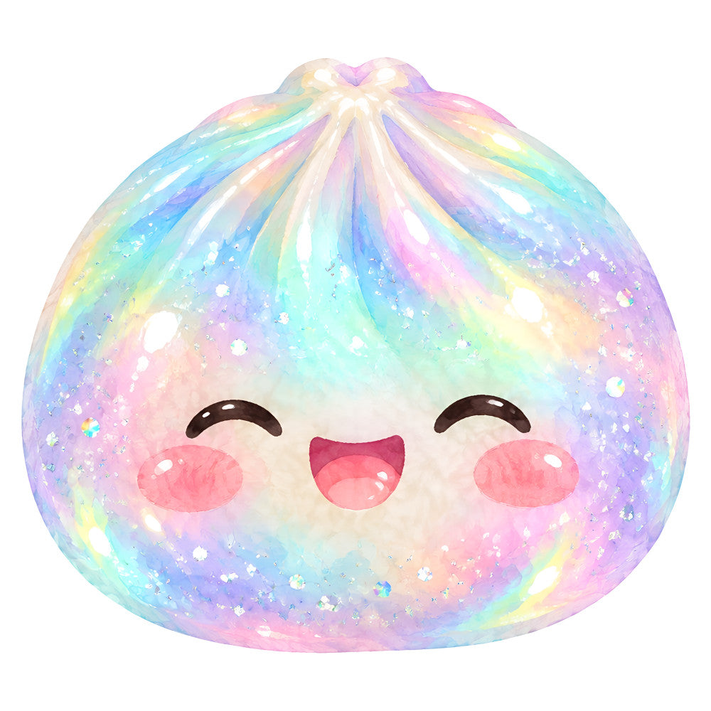 pastel rainbow, iridescent, holographic, gradient, ombre, cute character, kawaii, smiling face, closed eyes, rosy cheeks, sparkly, glitter effect, shimmery, magical, dreamy, whimsical, fantasy, celestial, rainbow colors, soft pastels, pale pink, lavender purple, baby blue, mint green, pale yellow, peach, enchanted, playful, children's, baby