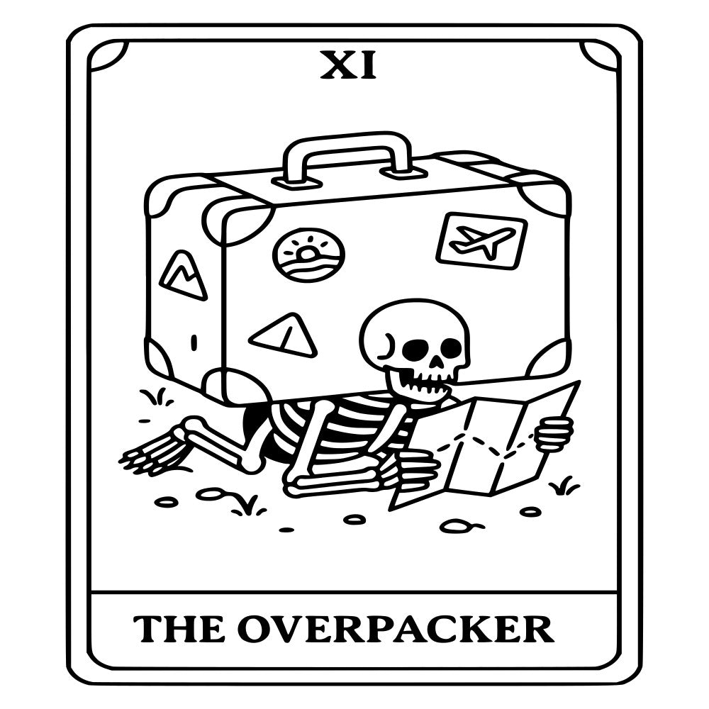 skeleton, tarot card, travel, suitcase, map, adventure, wanderlust, black and white, monochrome, vintage, whimsical, quirky, humorous, novelty, gothic, occult, mystical, plane ticket, globe, beach vacation, desert island, tropical, retro, playful, dark humor, alternative, edgy, indie, boho, bohemian