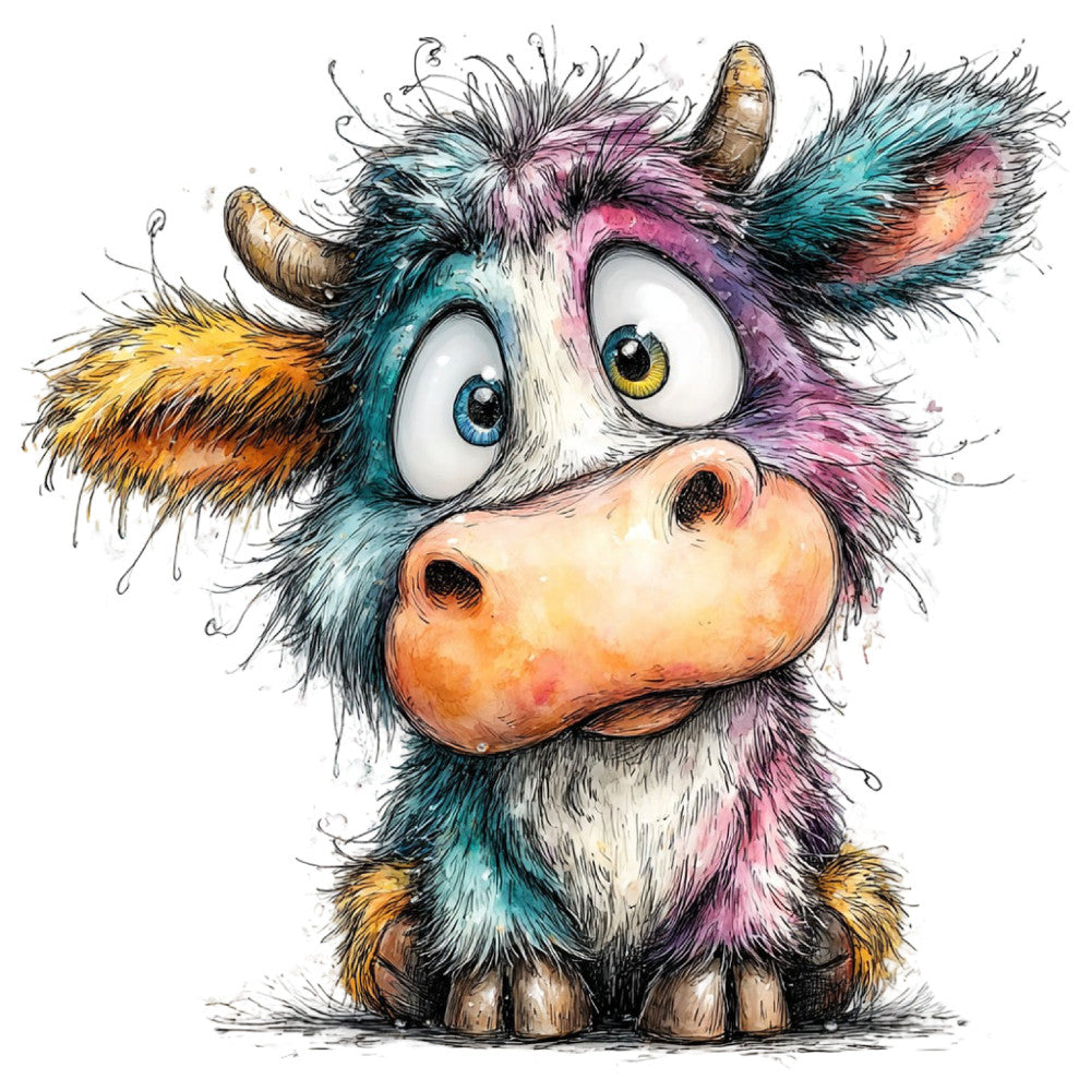 whimsical creature, colorful cow, multicolor, turquoise, purple, pink, orange, yellow, gold, teal, navy blue, playful animals, funny face, big eyes, children's design, kids theme, nursery, cartoon style, fantasy, imaginative, modern whimsical, decorative panel, wall hanging, baby quilt, character design, furry texture, artistic, illustration style, vibrant colors, nature inspired