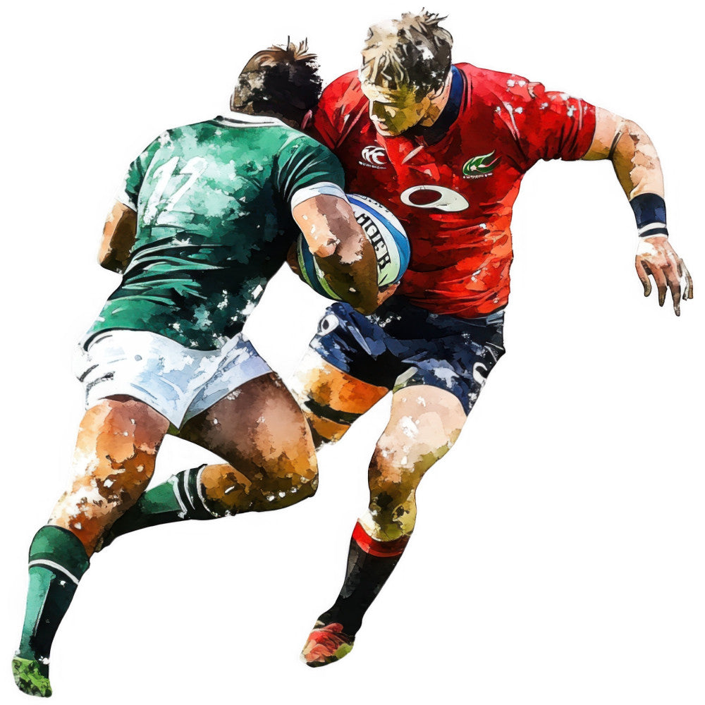 rugby, sports, watercolor, abstract, red, forest green, white, navy blue, tan, brown, painted effect, splatter, athletic, team sports, ball, action, motion, dynamic, masculine, modern, contemporary, dad gift, sports enthusiast, game day, competitive spirit, illustrated, artistic style
