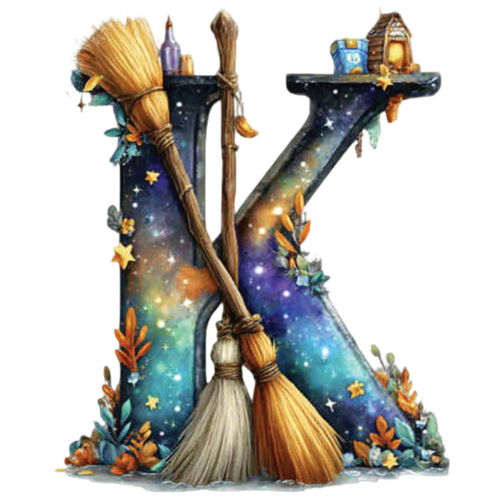 celestial, night sky, stars, galaxy, magical, whimsical, witchy, broomsticks, enchanted, fantasy, navy blue, deep purple, gold, orange, teal, nature, potion bottles, mushroom house, autumn colors, woodland, mystical, storybook, children's, fairy tale, spooky, Halloween, character panel, novelty, bold colors, starry night