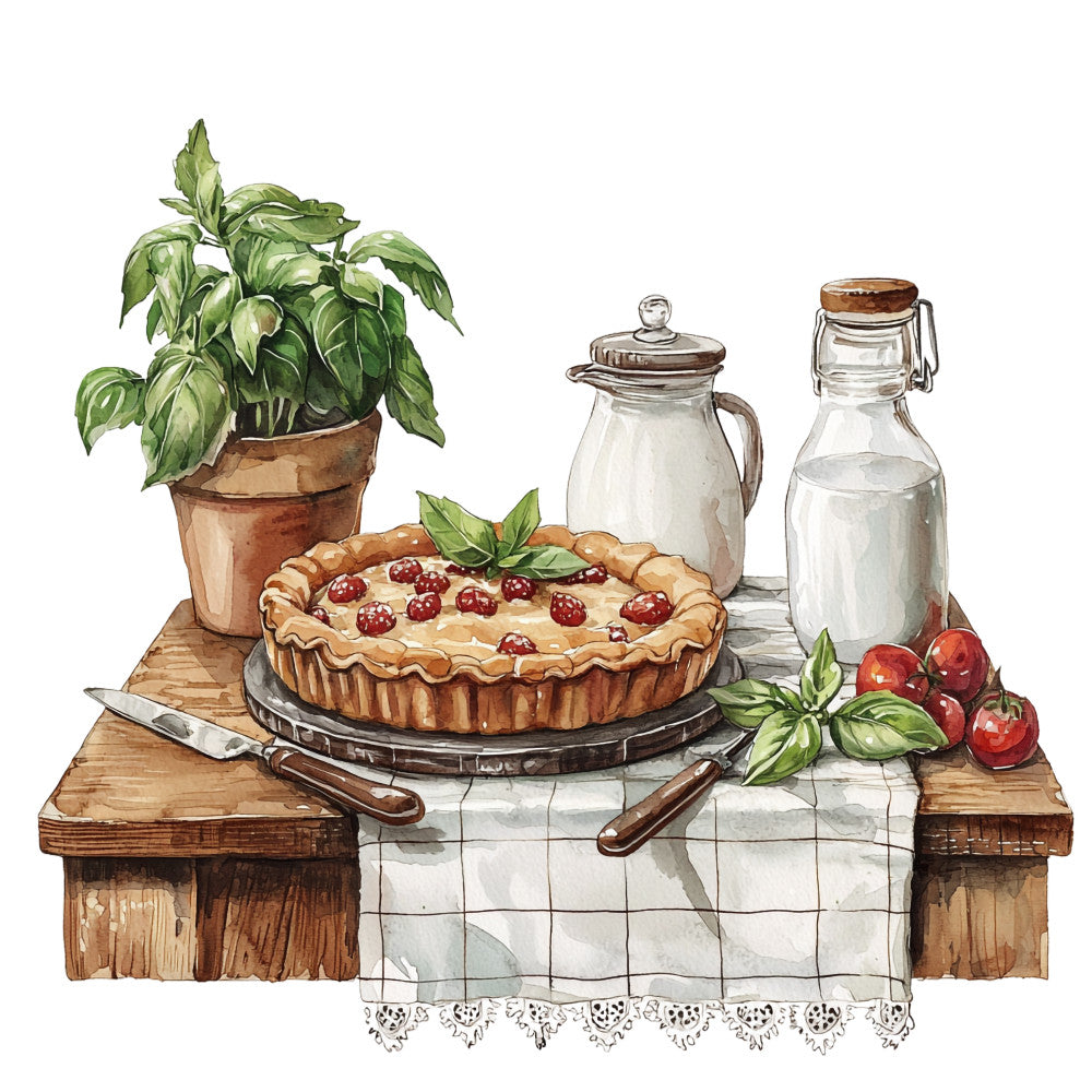 rustic kitchen, cherry pie, milk bottles, potted basil, wooden table, checkered tablecloth, country cottage, watercolor style, cream colored, sage green, terracotta pot, vintage utensils, farm fresh, baking scene, kitchen still life, fabric panel, quilting cotton, homestyle cooking, pastoral mood, cozy kitchen