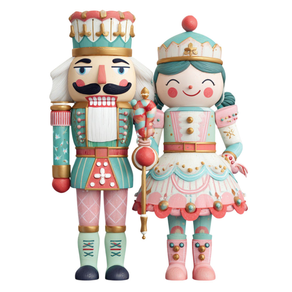 nutcracker, holiday, christmas, whimsical, vintage, toy soldier, queen, king, royal, turquoise, coral pink, cream, gold accents, decorative, festive, playful, enchanted, storybook, character fabric, children's, nursery, traditional christmas, nutcracker ballet, classic, charming, detailed print, multi-colored, december, winter