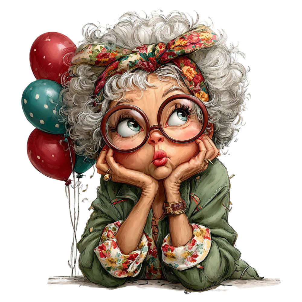 whimsical, vintage, character panel, floral print, sage green, forest green, red balloons, polka dots, illustrated, playful, grandmother figure, quirky, colorful, festive, cheerful, retro style, folk art, cottage core, character design, decorative panel, conversation starter, bold colors, patterned headwrap, vintage fashion, fun and playful, artistic illustration, personified character, mixed prints, garden themed, timeless appeal