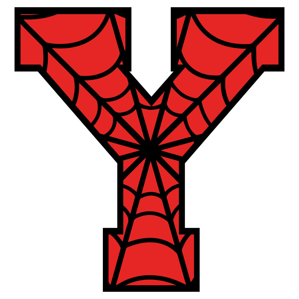 red, black, spider web pattern, letter y, alphabet design, superhero theme, comic book style, geometric lines, radial design, fabric panel, quilting cotton, children's fabric, bold graphics, web motif, costume inspired, crafting material, apparel fabric, novelty print
