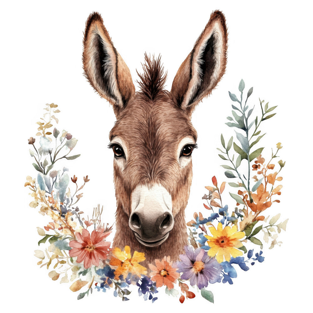 donkey, floral, botanical, watercolor, animals, nature, wildflowers, gentle, whimsical, pastel, soft colors, spring, summer, rust orange, golden yellow, dusty blue, sage green, cream, tan, brown, multi-colored flowers, daisies, leaves, foliage, bohemian, rustic, farmhouse, children's, baby, wall hanging