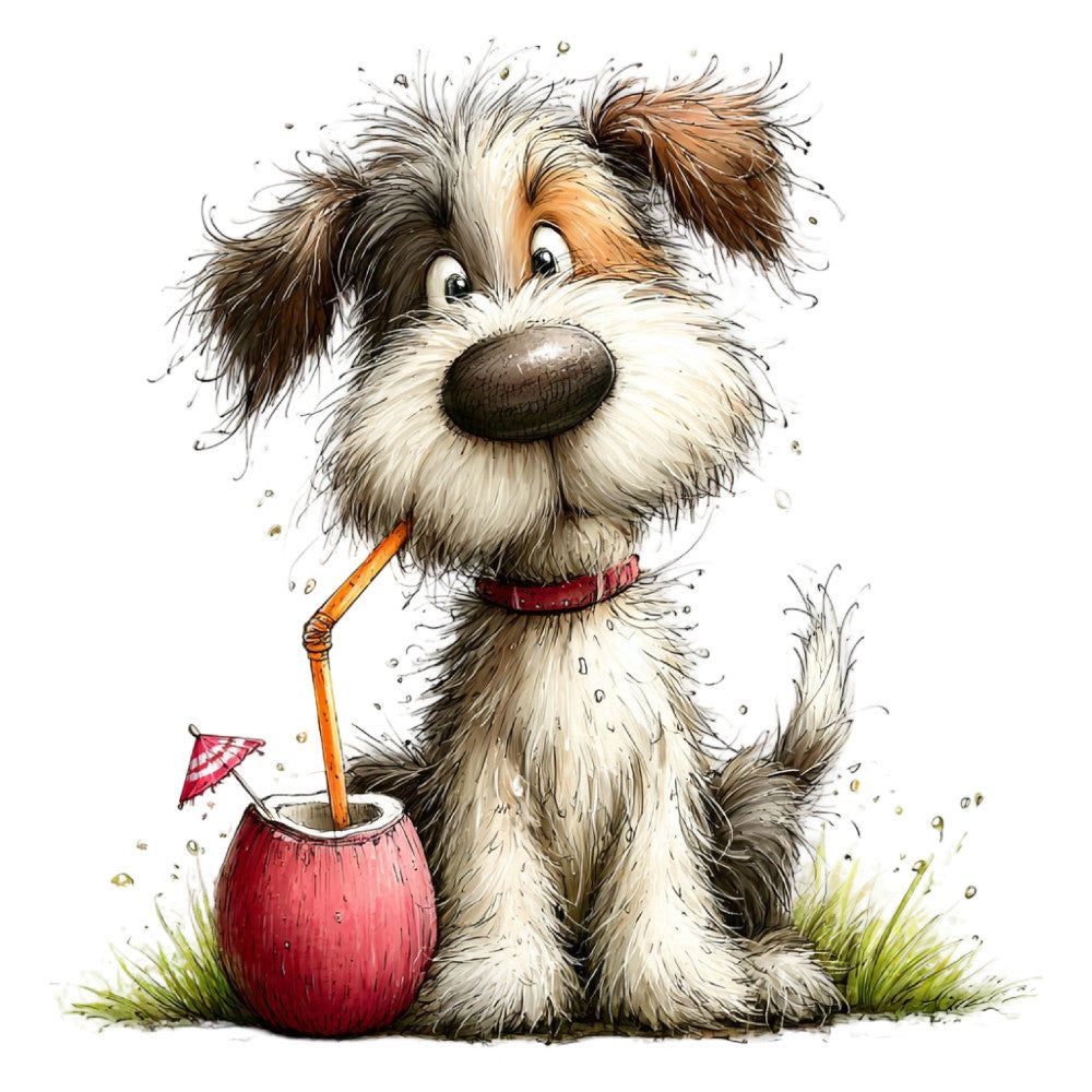 dog, puppy, terrier, whimsical, cute, charming, brown and white, cream, tan, rust orange, red, coral pink, umbrella drink, tropical, playful, cheerful, children's, kids, baby, animal, humorous, fun, illustration, cartoon, hand-drawn, summer, vacation, beach theme, nursery, wall hanging