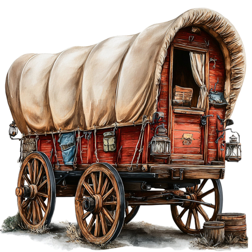 covered wagon, western, vintage, rustic, farmhouse, frontier, adobe red, tan, beige, cream, brown, wood tones, wagon wheels, historical, americana, pioneer, old west, nostalgic, traditional, folk art, detailed illustration, canvas cover, wagon scene, western heritage, homestead, trail, settlement, timeless