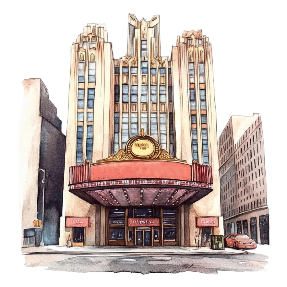 art deco, architecture, vintage theater, movie palace, cream, tan, beige, coral red, burgundy, gold, brown, building facade, urban landscape, retro, nostalgic, 1920s style, 1930s style, geometric details, ornamental, elegant, classic cinema, decorative arts, americana, city scene, architectural illustration, heritage, timeless, wall art, home decor