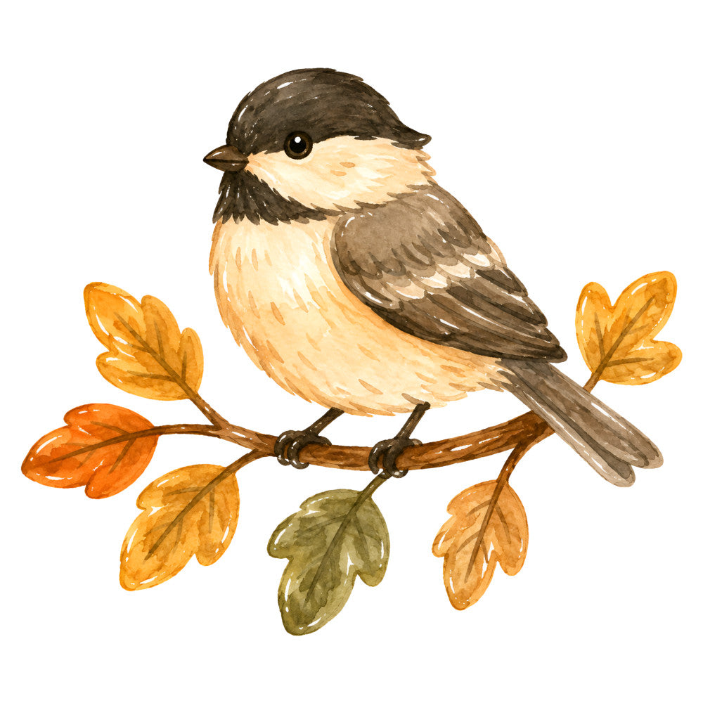 bird, small bird, autumn, fall, seasonal, nature, woodland, golden yellow, cream, tan, brown, dark brown, black, olive green, leaves, foliage, branch, whimsical, vintage, rustic, traditional, watercolor, illustration, animal, wildlife, cozy, warm tones, fall décor