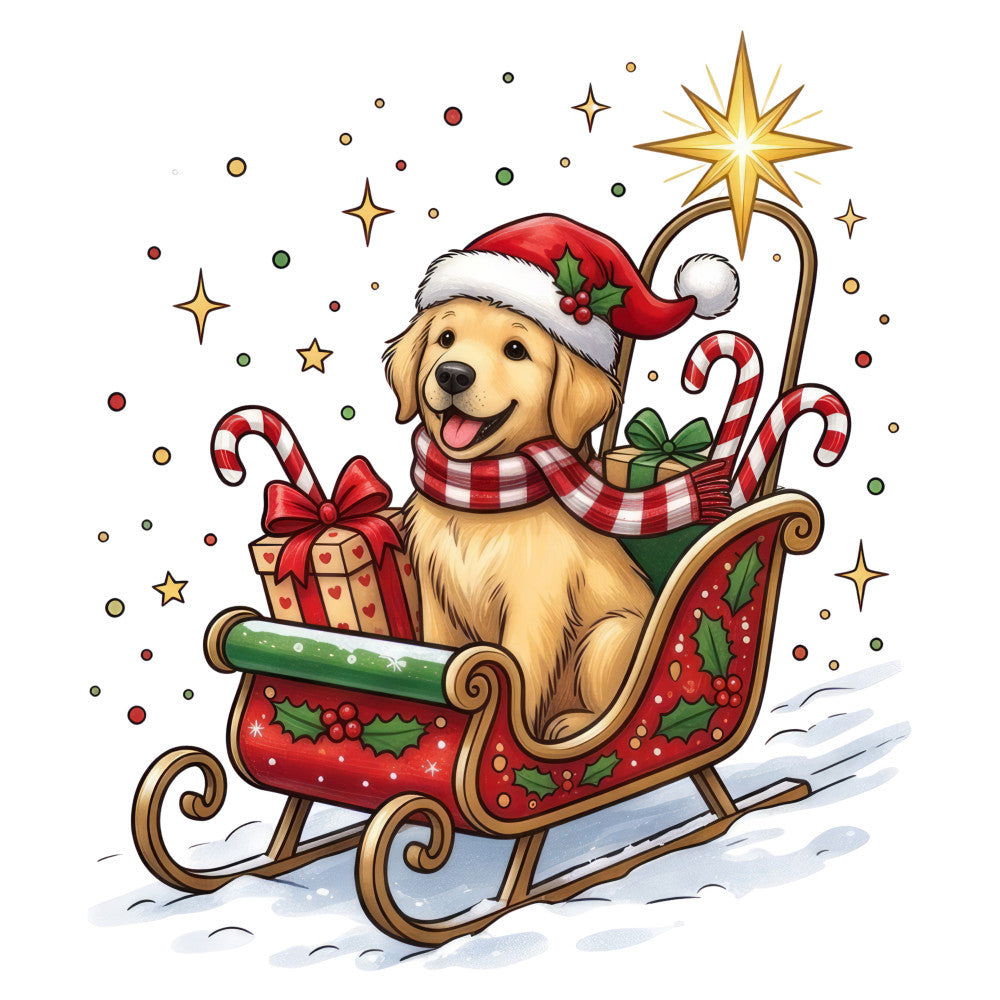 golden retriever, christmas dog, holiday dog, santa hat, candy canes, sleigh, stars, red and white, forest green, cream, gold accents, festive, whimsical, christmas theme, winter holiday, puppy, animals, cute dog, candy cane stripes, holly leaves, gift box, plaid scarf, bright star, snowy, seasonal, christmas motif, dog lover, cheerful, traditional holiday