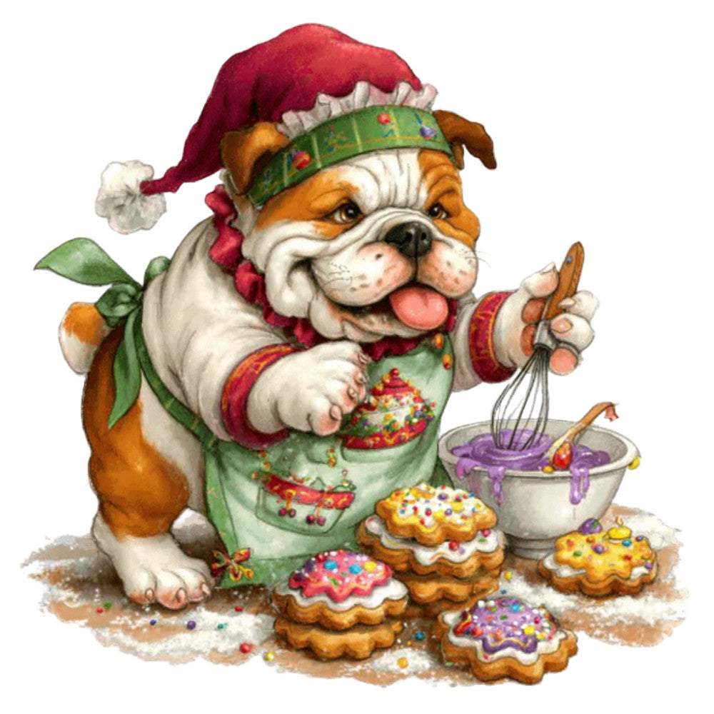 christmas bulldog, holiday dog, festive puppy, gingerbread cookies, baking theme, santa hat, red and green, cream white, golden brown, purple frosting, colorful sprinkles, whimsical style, cute animals, holiday baking, christmas cookies, decorative dog, festive cooking, vintage style, cheerful holiday, winter celebration, dog lover, kitchen theme, dessert motif, candy colored, playful illustration, seasonal christmas, sweet treats, holiday kitchen, charming character, decorative panel