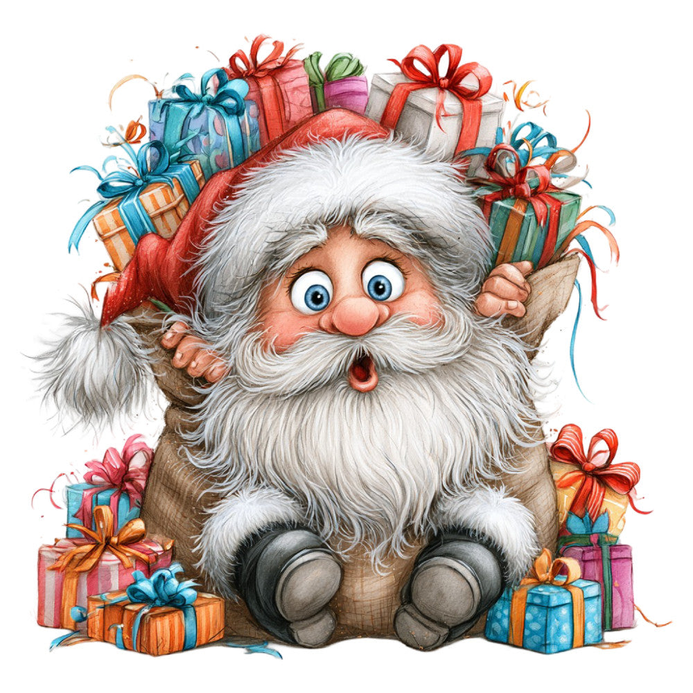 santa claus, christmas, holiday, whimsical, festive, jolly, red, white, gray, blue, orange, green, pink, gift boxes, presents, ribbons, bows, traditional, cheerful, seasonal, winter, cute, charming, decorative, children's, nostalgic, vintage-inspired, playful, gnome-like, gift wrap inspired