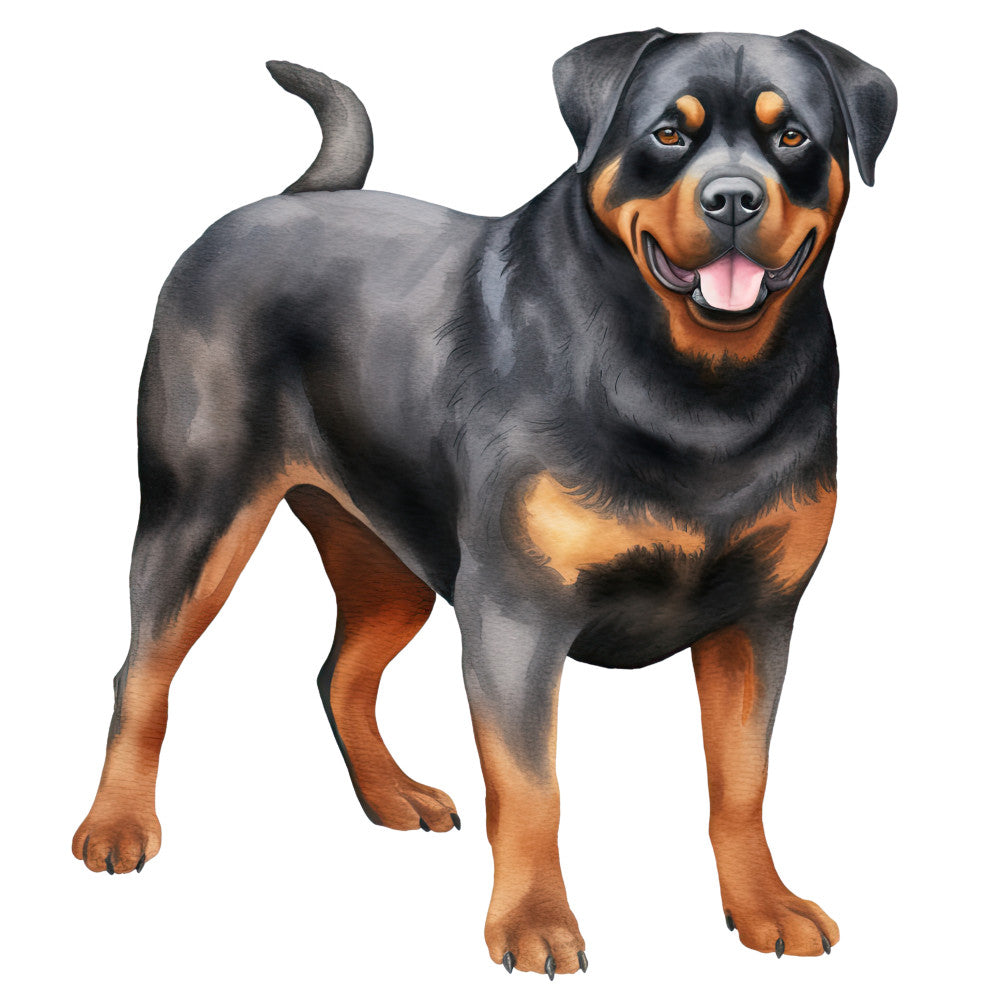 Watercolor Rottweiler Fabric Panel 7 features a detailed, vibrant illustration of a happy Rottweiler dog printed on premium quilting cotton.