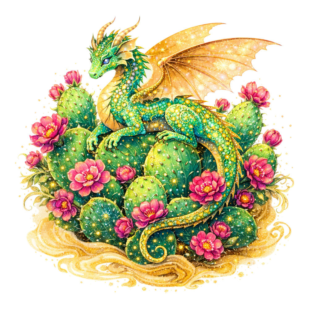 dragon, fantasy, magical, cactus, prickly pear, blooming flowers, pink flowers, golden yellow, sage green, emerald green, chartreuse, desert theme, whimsical, enchanted, nature, floral, ornamental, jewel tones, metallic gold, sparkly, glittery, spring, summer, botanical, magical creatures, fairy tale, storybook, decorative, elegant, celestial magic