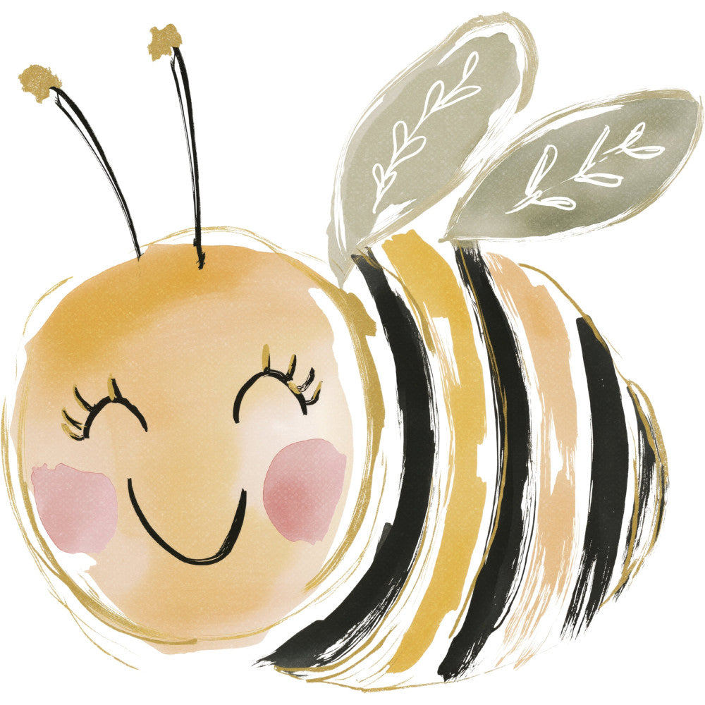 cute bee, honey bee, yellow and black striped, sage green, cream, blush pink, gold accents, whimsical, children's illustration, animal theme, nature inspired, baby nursery, spring theme, botanical wings, smiling face, cheerful, playful, modern illustration, sweet style, kids fabric, baby quilt, wall hanging, nursey decor, insect theme, garden theme, friendly animals, soft watercolor, decorative motifs, charming design