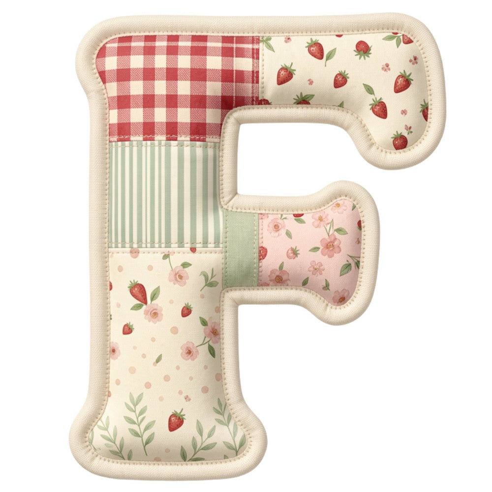 strawberry, red gingham, cream, pale pink, sage green, floral, gingham check, striped, vintage, farmhouse, cottage core, patchwork, roses, berries, botanical, spring, summer, sweet, country, traditional, rustic, quilt panel, letter f, alphabet, children's, baby, whimsical, nature-inspired, red and white check, soft colors