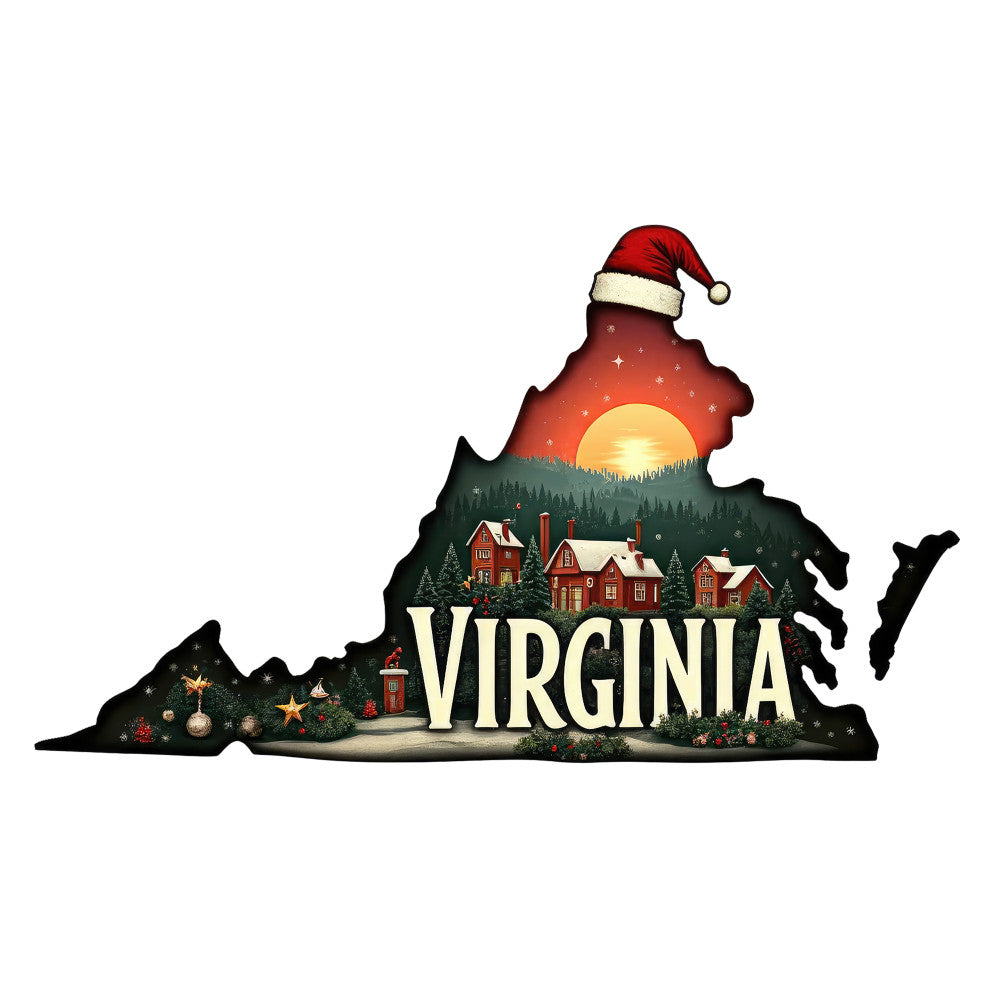 Christmas US States Fabric Panel 5 featuring Virginia with holiday houses, sunset, and Santa hat on premium quilting cotton.