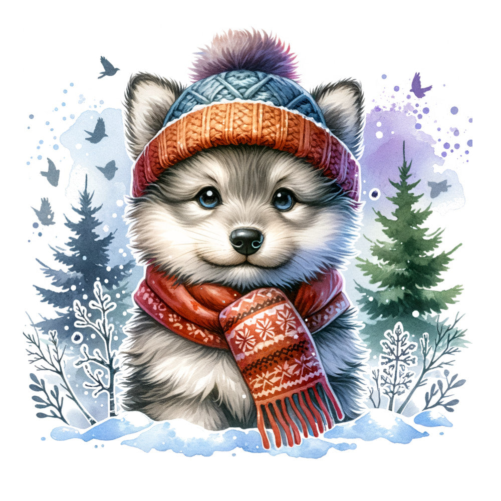 winter husky, baby animal, knit beanie, colorful scarf, blue eyes, gray fur, snow scene, evergreen trees, flying birds, winter wonderland, fabric panel, quilting cotton, watercolor style, festive clothing, pompom hat, striped pattern, cozy winter, woodland creature, nursery decor, seasonal design