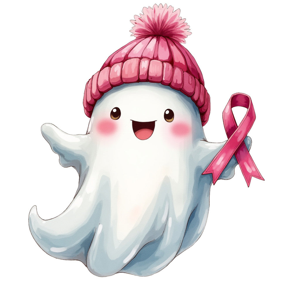 cute ghost, pink beanie hat, pink ribbon, breast cancer awareness, kawaii style, cheerful character, white ghost, rosy cheeks, pom pom hat, fabric panel, quilting cotton, charity theme, adorable mascot, pastel pink, soft colors, whimsical design, cartoon style, supportive message, crafting material, sewing panel