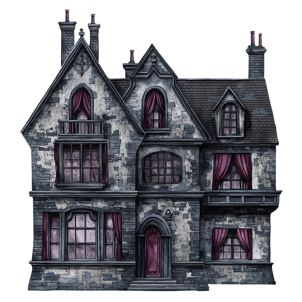 gothic mansion, victorian house, dark purple, burgundy, gray stone, black roof, ornate windows, purple curtains, chimneys, balcony, arched doorway, spooky architecture, haunted house, fabric panel, quilting cotton, gothic revival, moody atmosphere, detailed illustration, romantic gothic, stone texture