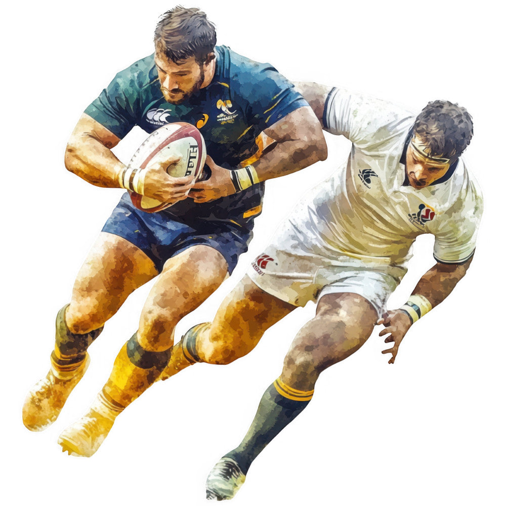 rugby, sports, masculine, men's apparel, action, dynamic, athletic, navy blue, gold, white, cream, tan, team sports, competitive, strength, power, motion, energy, modern, contemporary, ball sport, player, uniform, realistic, illustration, watercolor, portrait, recreation, hobby
