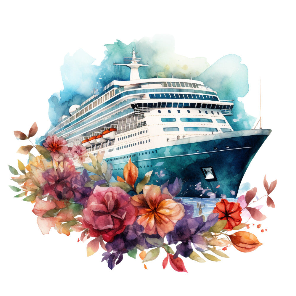 cruise ship, watercolor style, floral arrangement, turquoise, navy blue, coral pink, purple flowers, orange blooms, fabric panel, maritime theme, tropical flowers, ocean vessel, white cruise liner, pastel colors, watercolor painting, nautical design, vacation theme, travel motif, quilting panel, cotton fabric